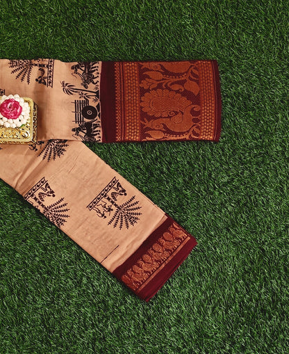 Beige Sungudi Cotton Saree with Maroon Zari Border & Traditional Prints