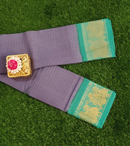 Grey Sungudi Cotton Saree with Contrast Green Border