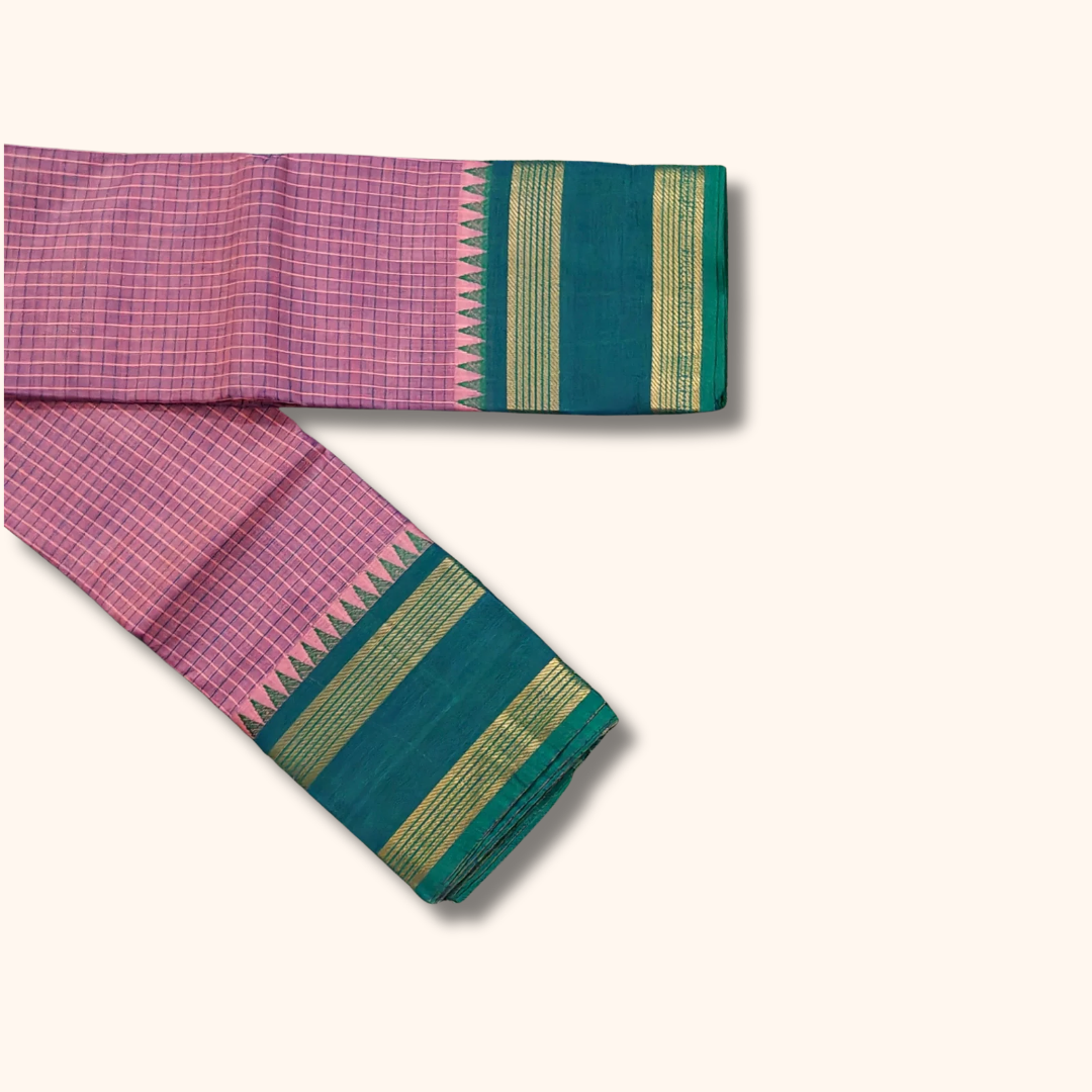 Baby Pink Chettinad Cotton Saree with Green Border