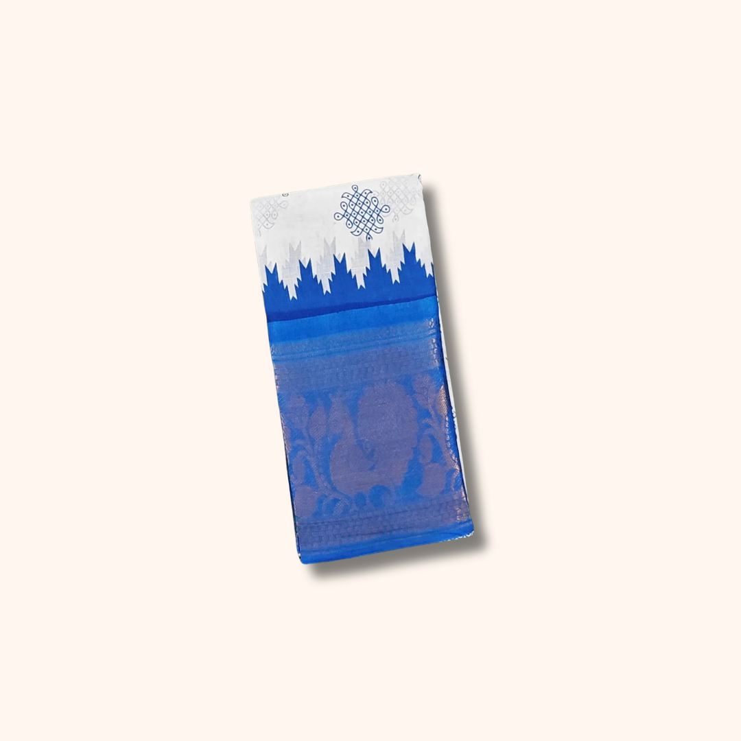 White & Royal Blue Traditional Sungudi Cotton Saree with Designer Blue Border