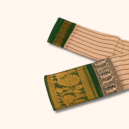 Cream Sungudi Cotton Saree with Green Contrast Zari Border
