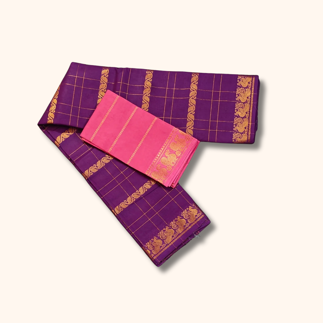Purple Pure Sungudi Cotton Saree with Gold Zari Checks & Pink Blouse Piece