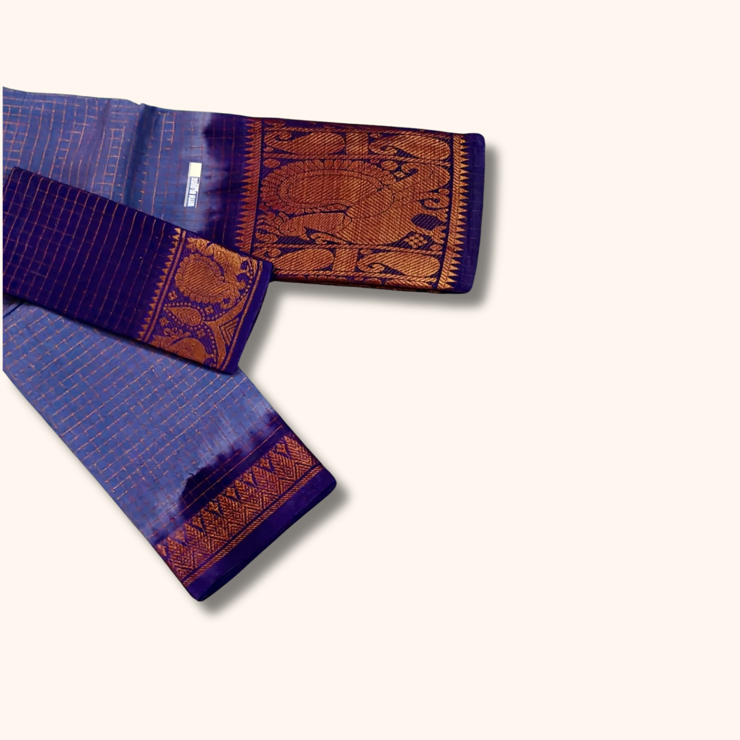 Sky Blue & Purple Checked Cotton Saree with Traditional Zari Border – Separate Blouse Piece