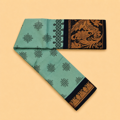 Authentic Kolam Sage Green Printed Cotton Saree with Navy Blue Floral Border