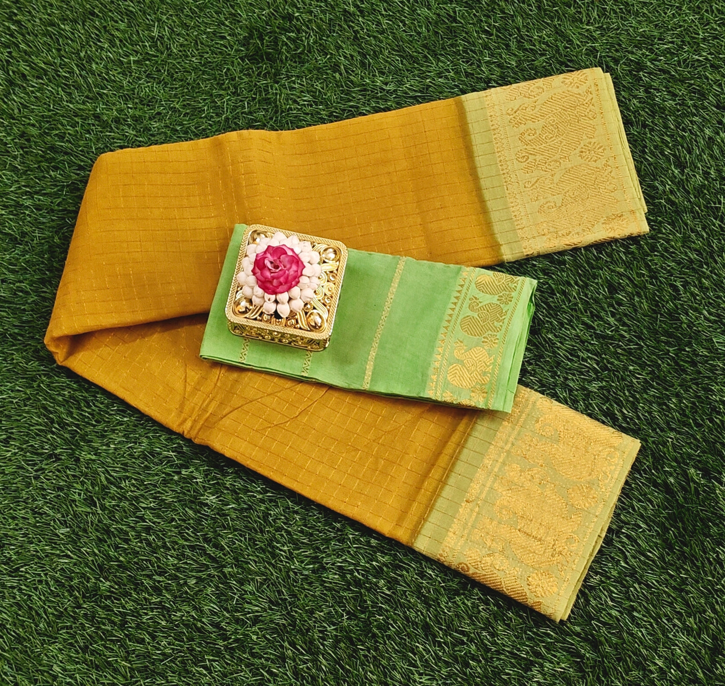Mustard Sungudi Cotton Saree with Light Green Zari Border & Separate Blouse Piece