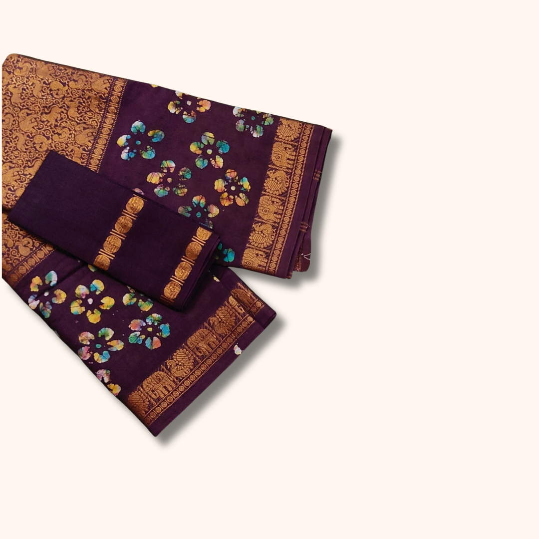 Maroon Batik Floral Sungudi Cotton Saree with Elephant Zari Border & Separate Blouse Piece