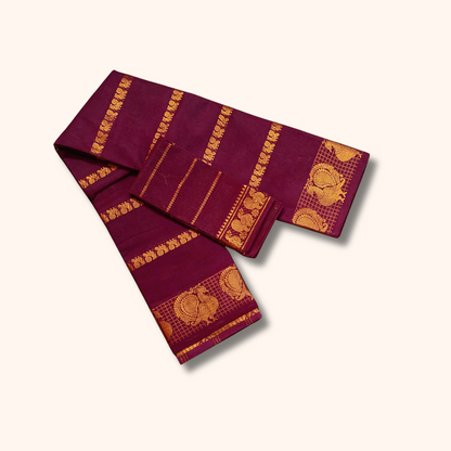 Dark Maroon Cotton Saree with Gold Zari Stripes & Peacock Border – Separate Blouse Piece