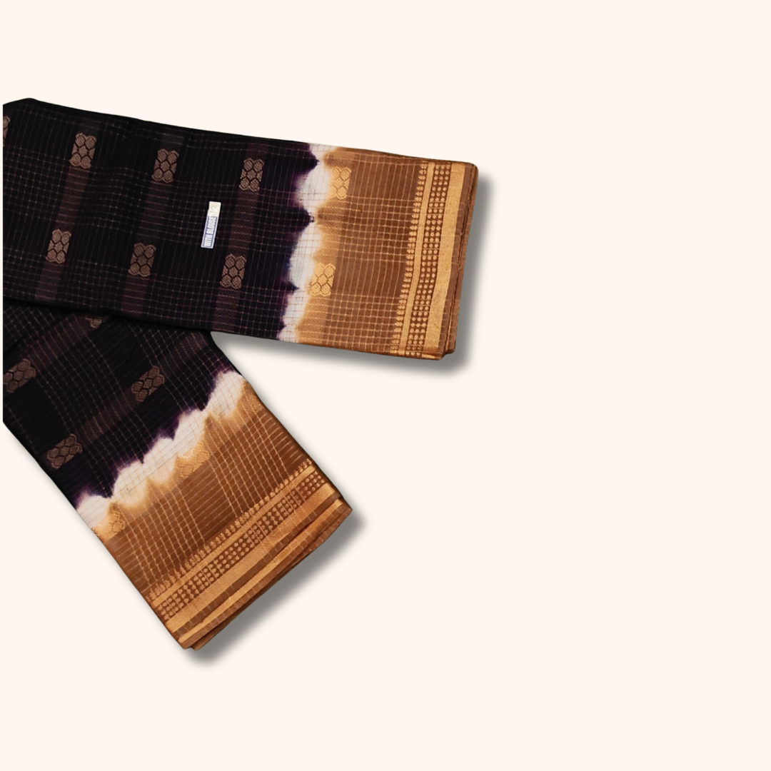 Dark Coffee Brown Sungudi Cotton Saree with Gold Zari Border