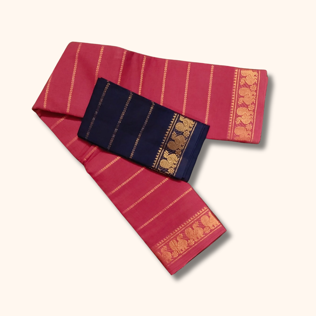 Rani Pink Cotton Saree with Navy Blue Contrast Blouse