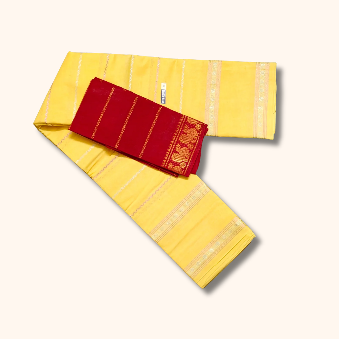 Pastel Yellow with Contrast Red Blouse Piece Sungudi Sarees