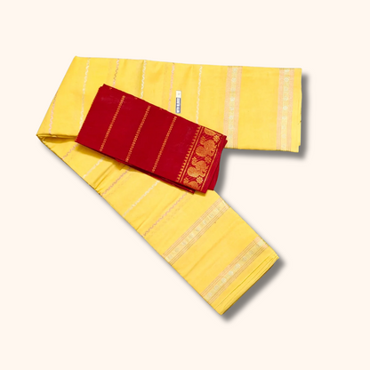 Pastel Yellow with Contrast Red Blouse Piece Sungudi Sarees