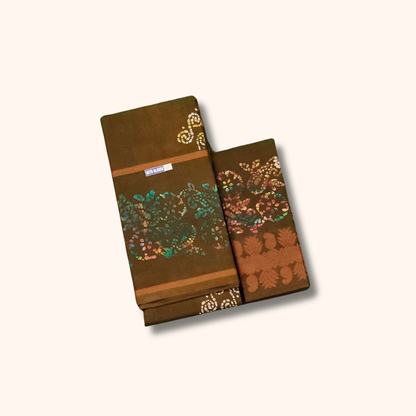 Coffee Brown Sungudi Cotton Saree with Multicolor Batik Floral Design & Matching Blouse Piece