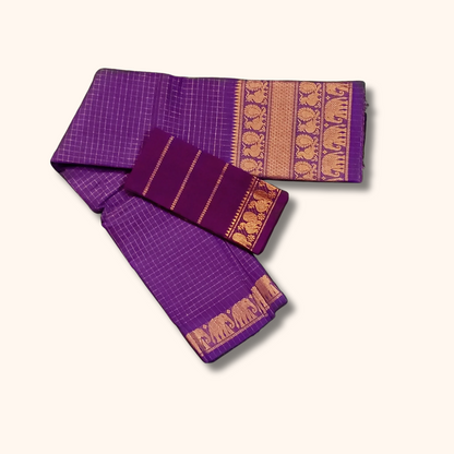 Royal Purple Sungudi Cotton Saree with Rich Gold Elephant & Peacock Zari Border