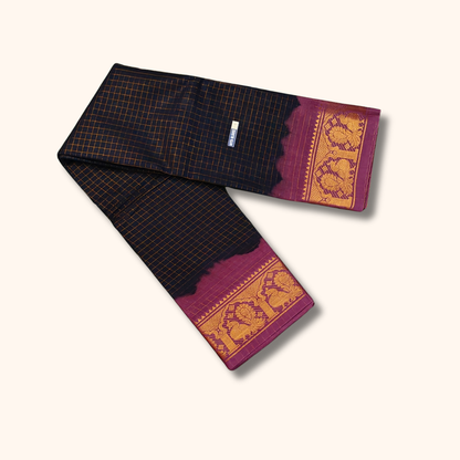 Black Thread Work Sungudi Cotton Saree with Purple Peacock Zari Border