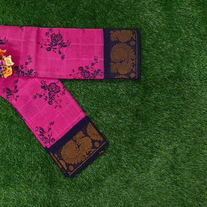 Pink Floral Printed Saree with Navy Blue Peacock Border