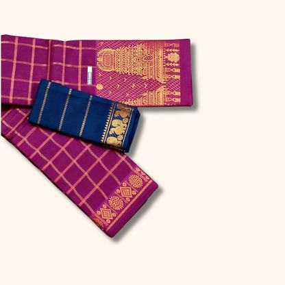 Purple Sungudi Cotton Saree with Gold Zari Checks & Designer Pallu – Separate Blouse Piece