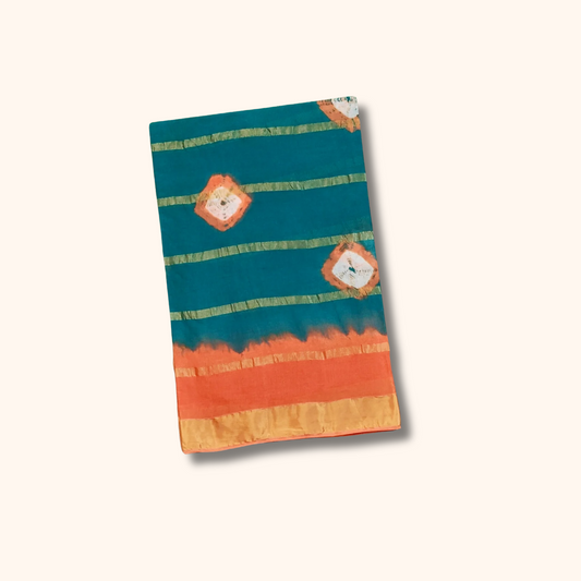 Teal Blue & Orange Cotton Saree with Gold Zari Stripes