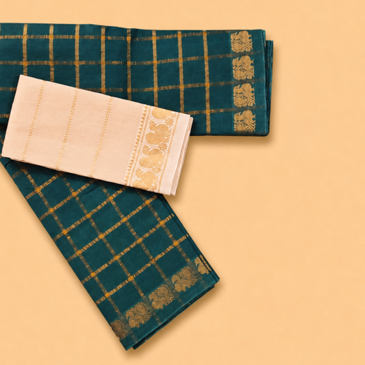 Teal green Pavithra Kattam Sungudi Cotton Saree with Separate Blouse