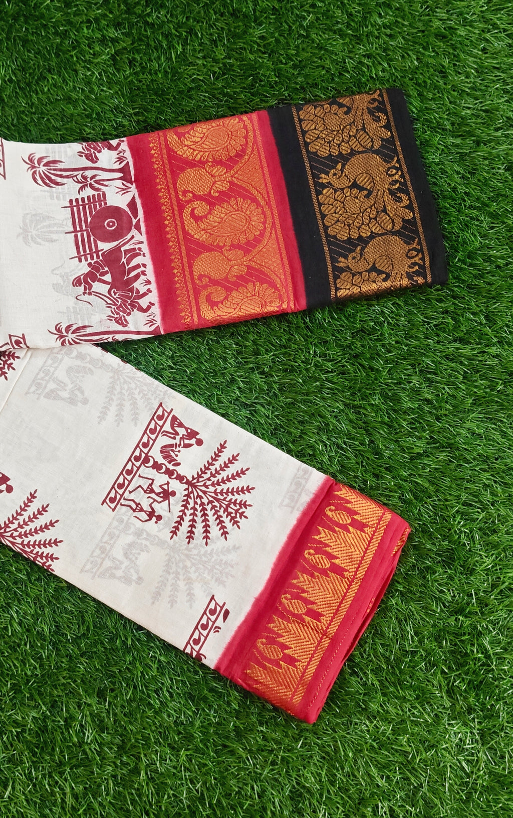 Off-White Sungudi Cotton Saree with Tribal Motifs & Maroon Border