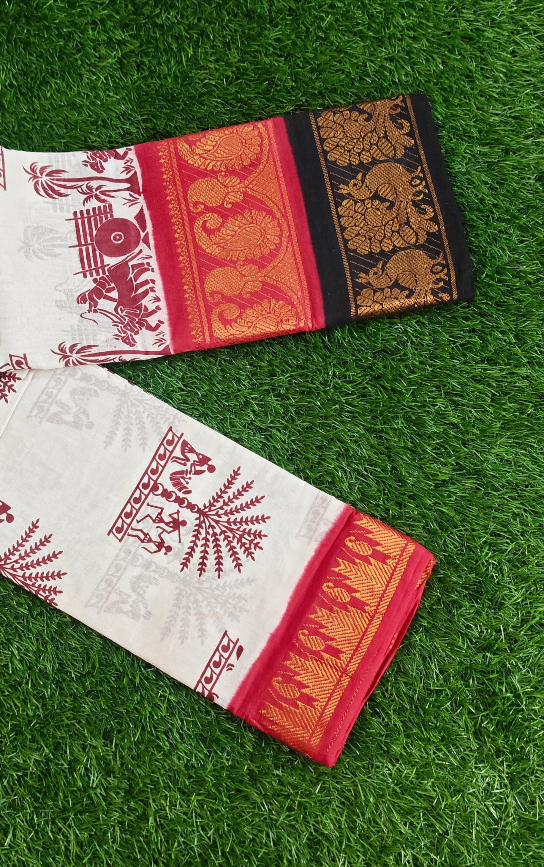 Off-White Sungudi Cotton Saree with Tribal Motifs & Maroon Border
