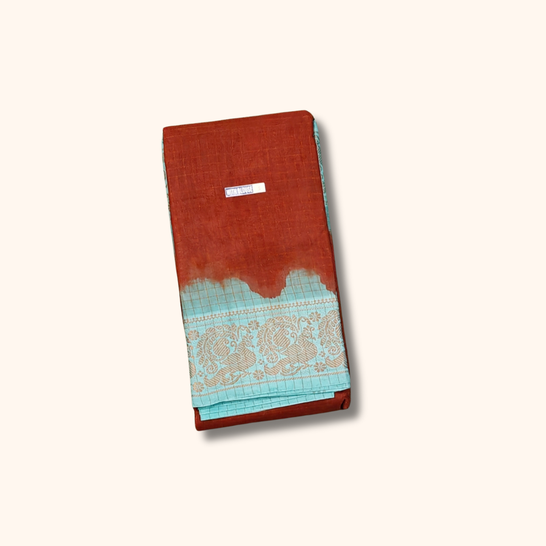 Rust Brown Thread Work Sungudi Cotton Saree with Aqua Blue Border