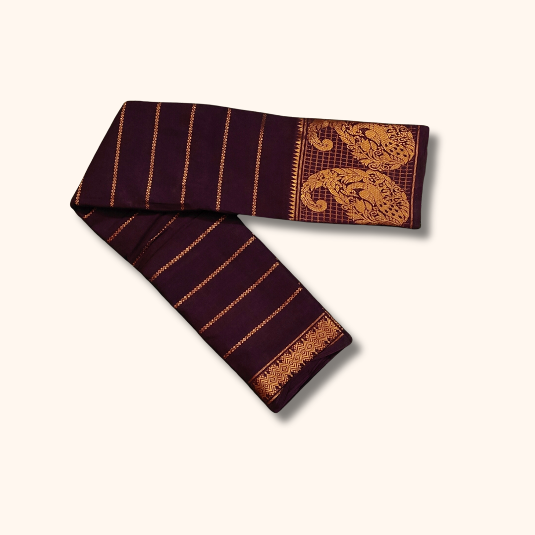 Dark Coffee Brown Cotton Saree with Gold Peacock Border – Running Blouse