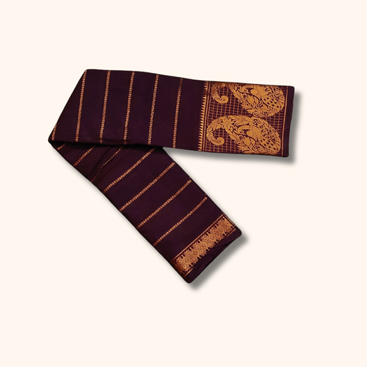 Dark Coffee Brown Cotton Saree with Gold Peacock Border – Running Blouse