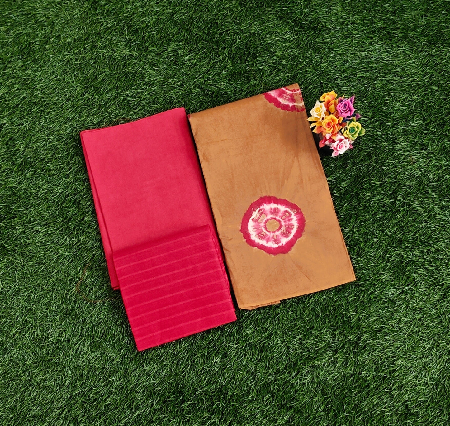 Elegant Mustard & Red Sungudi Cotton Chudidar Material Set with Tie-Dye Motifs