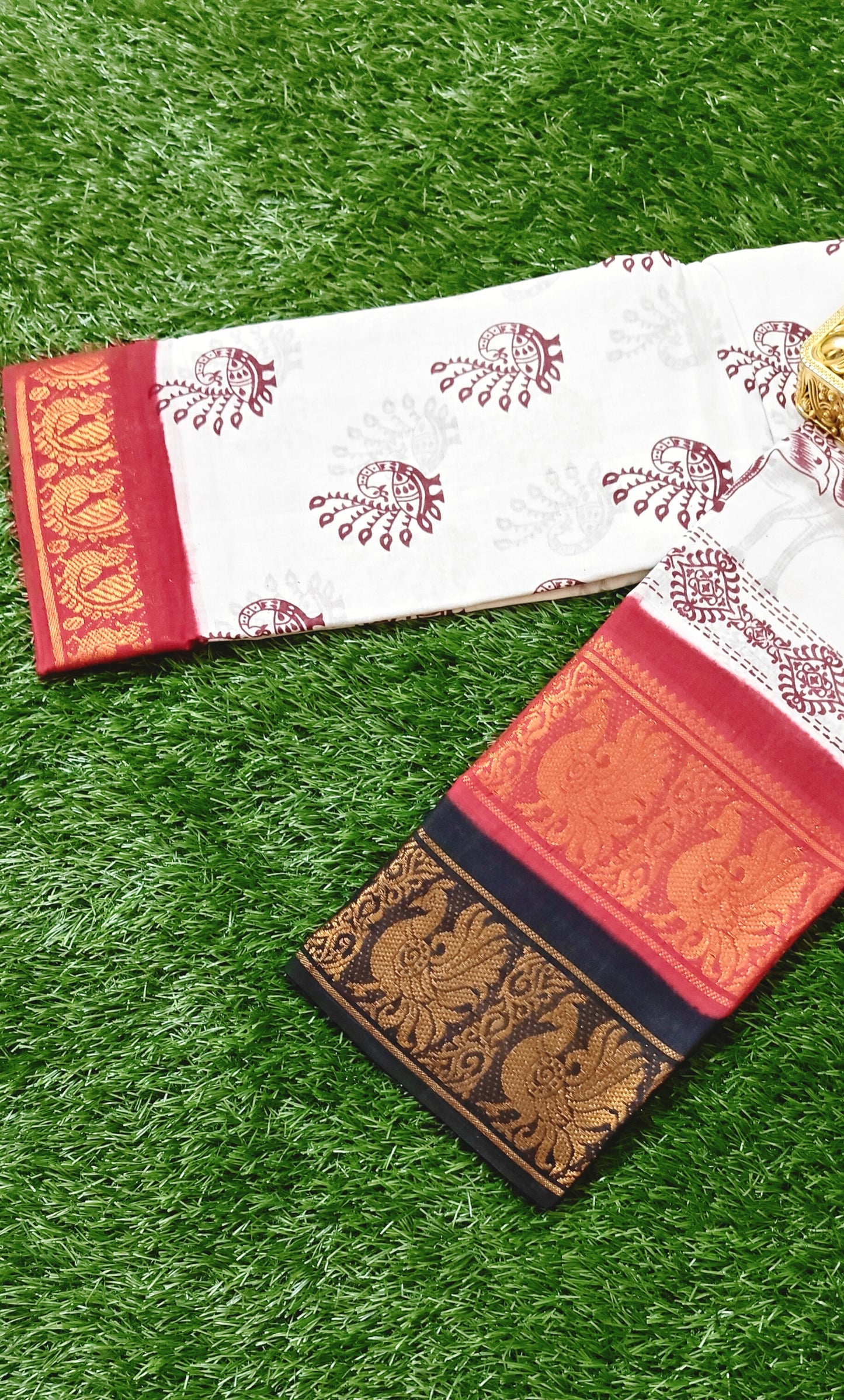 Off-White Cotton Peacock Design Double Border Saree with Red & Black Contrast Border