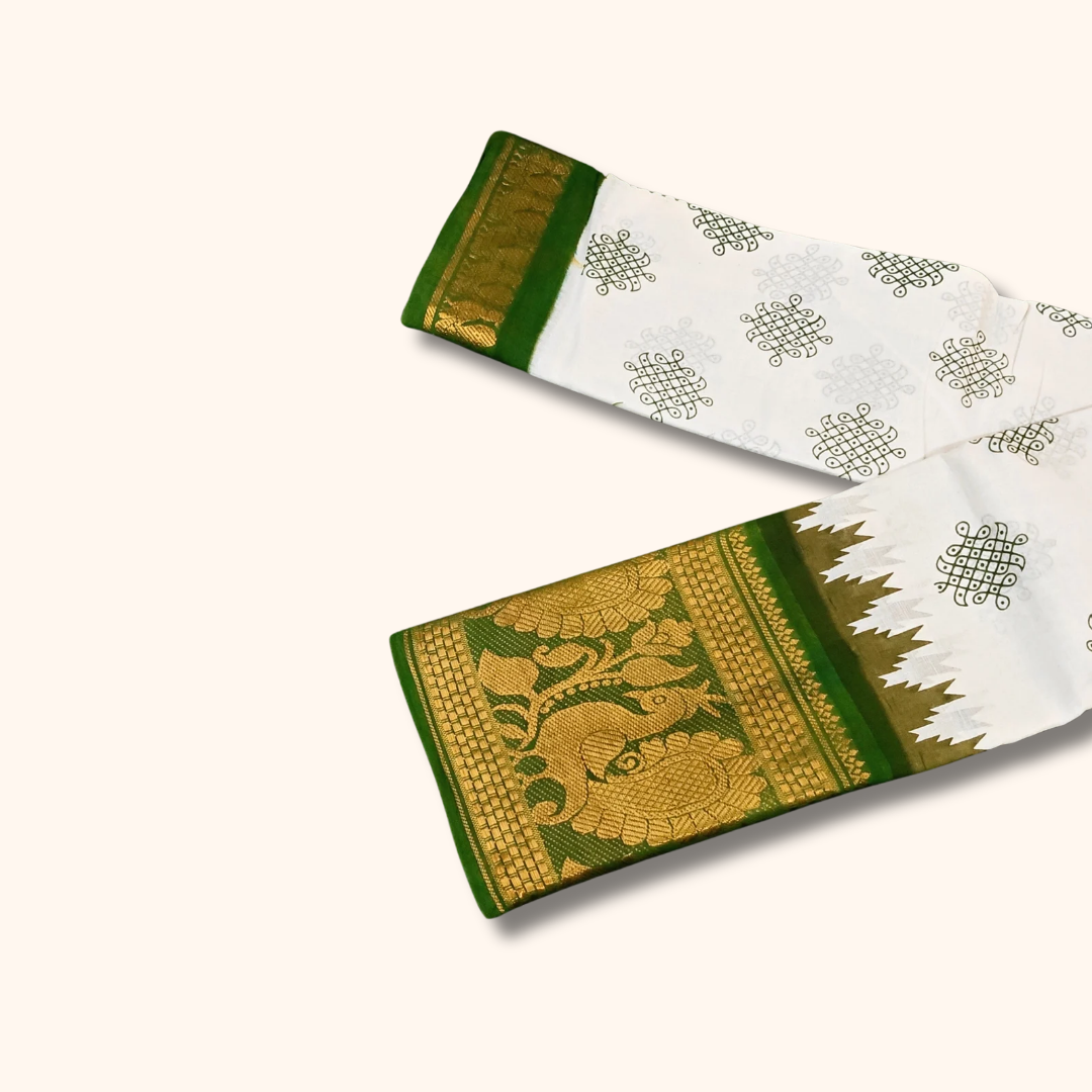 White & Green Peacock Floral Border Kolam Sungudi Cotton Saree