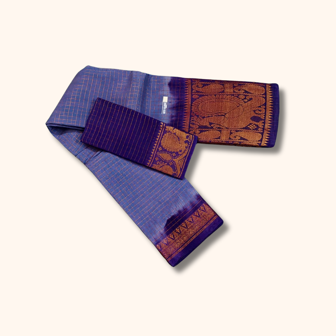 Sky Blue & Purple Checked Cotton Saree with Traditional Zari Border – Separate Blouse Piece