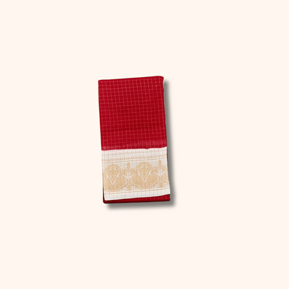 Red Sungudi Cotton Saree with Cream Gold Zari Border – Running Blouse