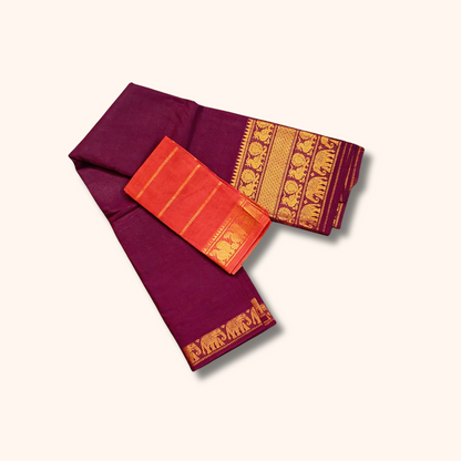 Wine Purple Pure Cotton Saree with Orange Contrast Blouse