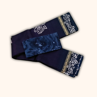 Navy Blue Batik Cotton Saree with Traditional Border