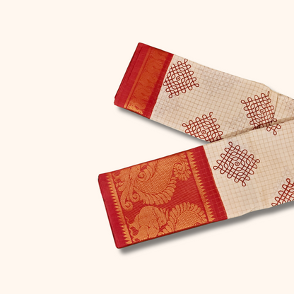 Off-White Checked Kolam Design Saree with rust orange & Golden Zari Border – No Blouse