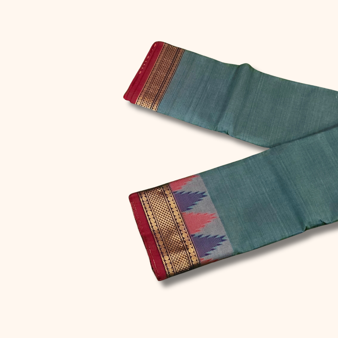 Steel Blue Chettinad Cotton Saree with Temple Border