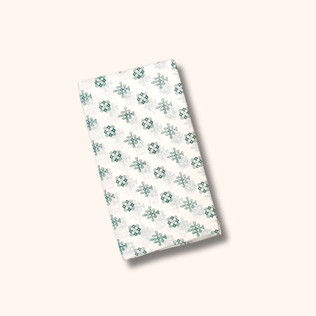 White & Green Printed Cotton Saree with Traditional Motif Design