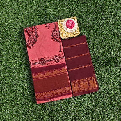 Maroon & Rose Pink Sungudi Cotton Saree with Traditional Printed Body and Contrast Border