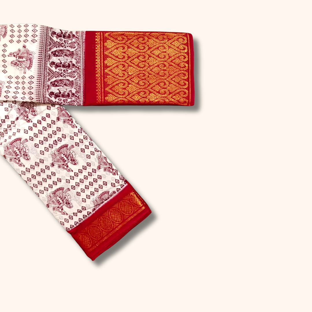 Elegant White Sungudi Saree with Heritage Motif Print