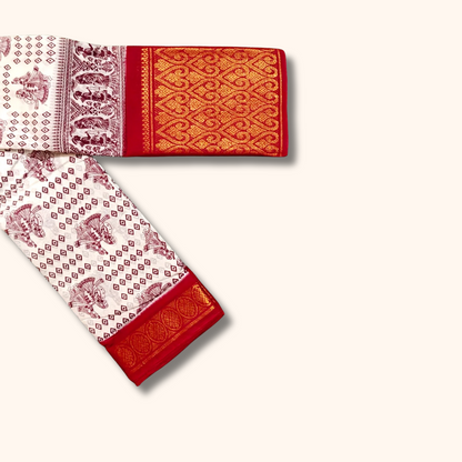 Elegant White Sungudi Saree with Heritage Motif Print