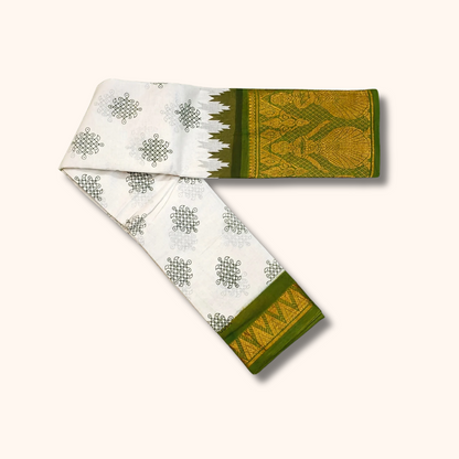 White & Green Dancing Girl Border Kolam Sungudi Cotton Saree