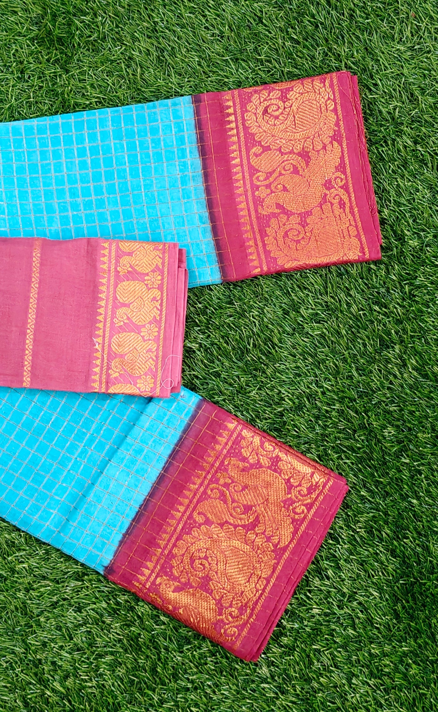 Sky Blue Sungudi Cotton Saree with Maroon Zari Border