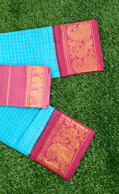 Sky Blue Sungudi Cotton Saree with Maroon Zari Border