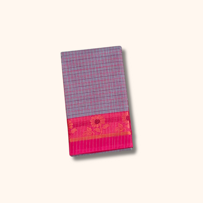 Reddish Grey Checked Thread Work Zari Chettinad Cotton Saree