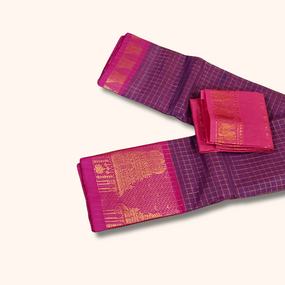 Purple Temple Border Cotton Saree with Pink Pallu Separate Blouse Piece