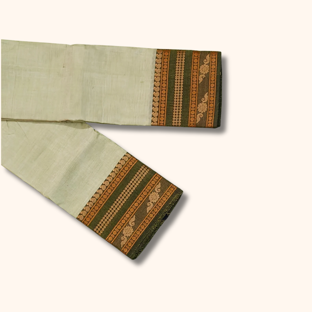Off White Chettinad Cotton Saree with Olive Green Traditional Border
