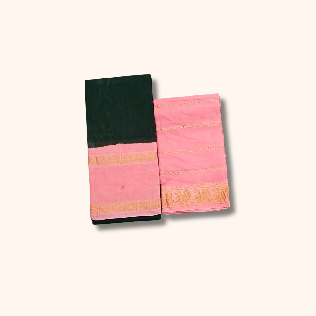 Dark Green and Pink Cotton Saree with Gold Zari Border – Separate Blouse Piece