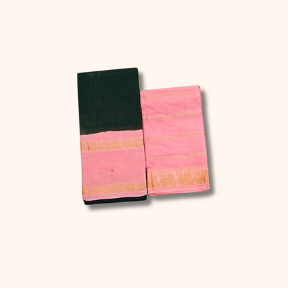 Dark Green and Pink Cotton Saree with Gold Zari Border – Separate Blouse Piece