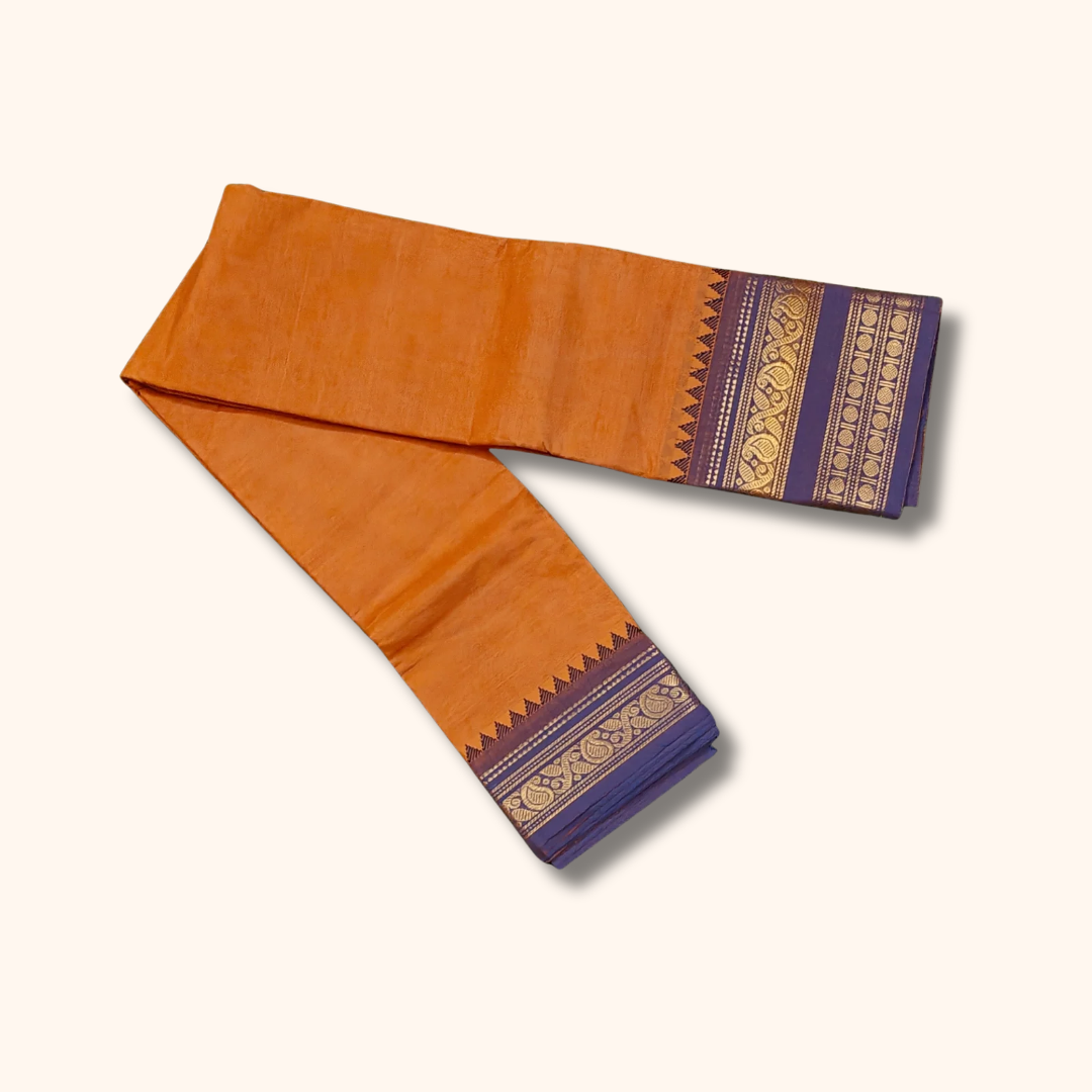 Orange Chettinad Cotton Saree with Purple Temple Border