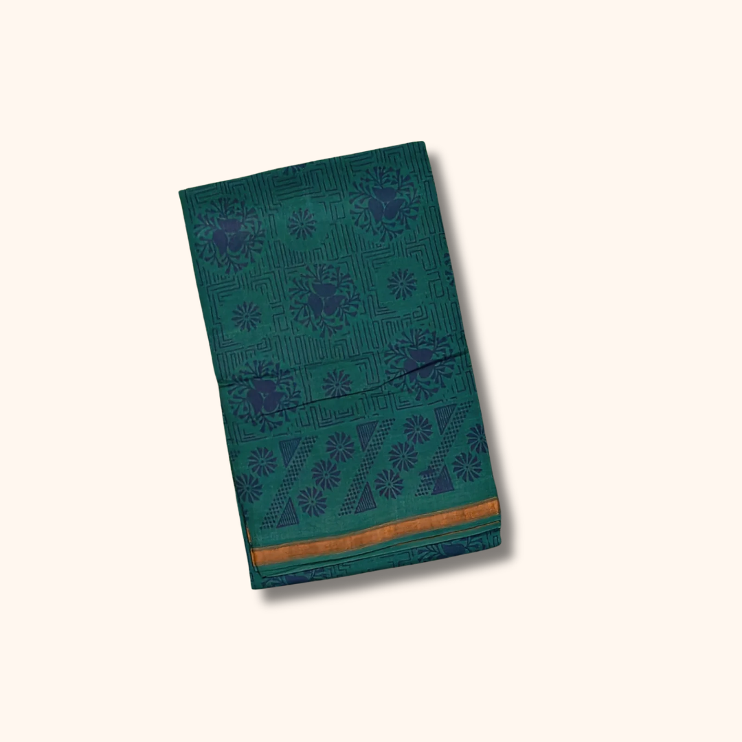 120s Count Vayal Cotton Saree – Peacock Green Printed Saree